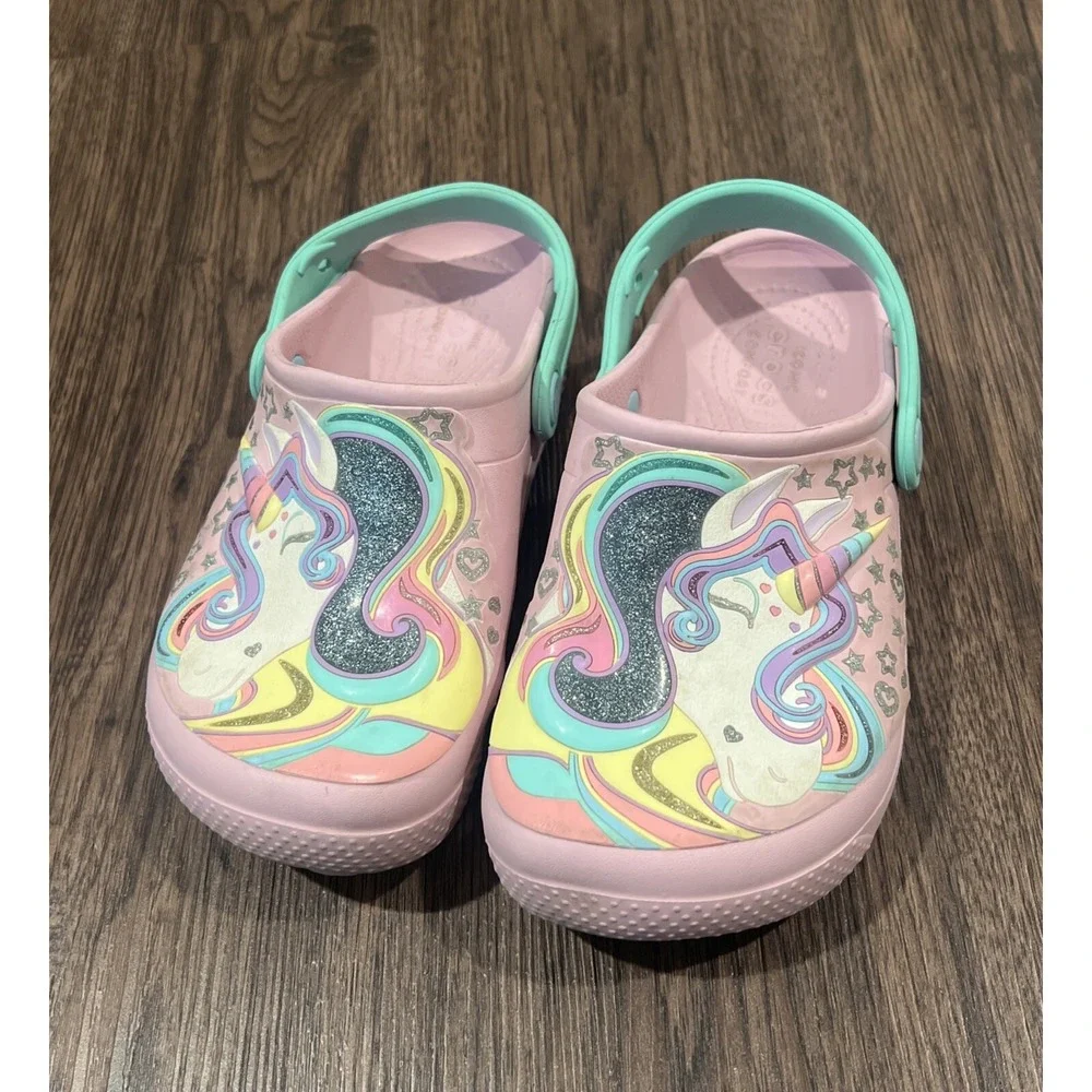 Crocs Fun Lab Unicorn Girls Clogs Boat Shoes Pink Slip On Glitter Shoes Size J 2